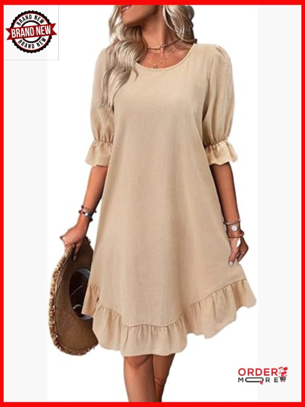 Women's Linen Blend Puff Sleeve Midi Dress Flowy A-Line